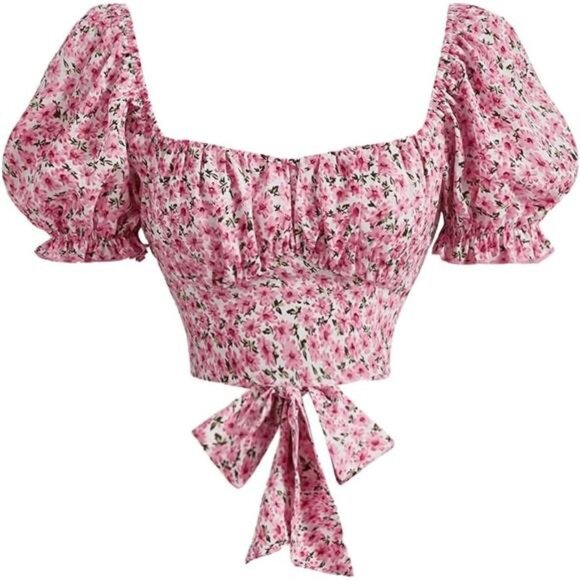 Women's Floral Print Puff Sleeve Crop Top Sweetheart Neck Summer Boho Blouse